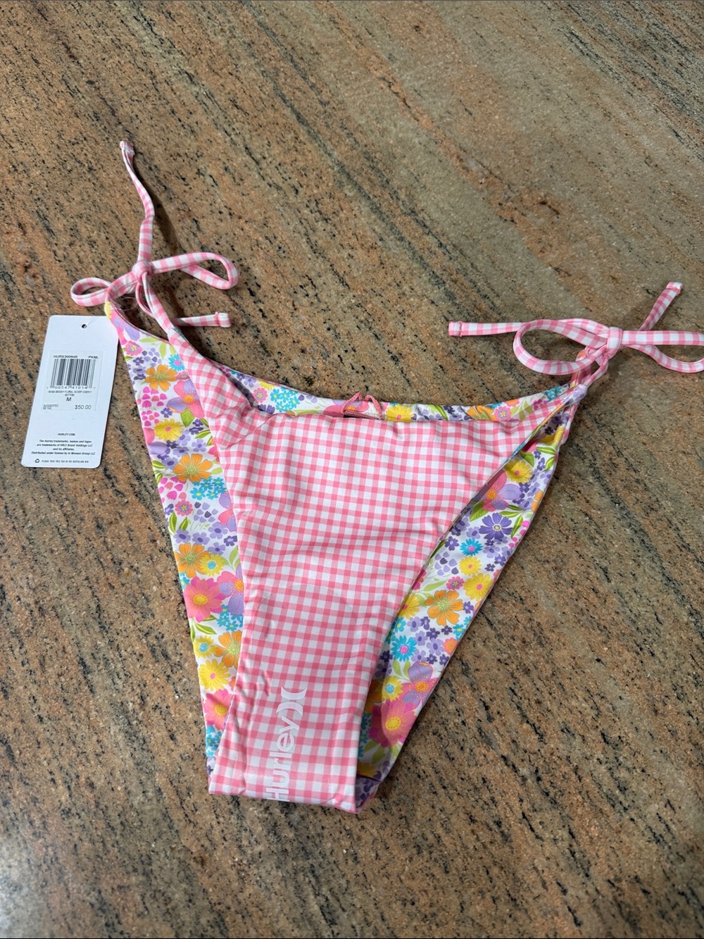 BNWT | Women’s M | Hurley Reversible Pink Gingham & Floral Tie-Side Swim Bottom